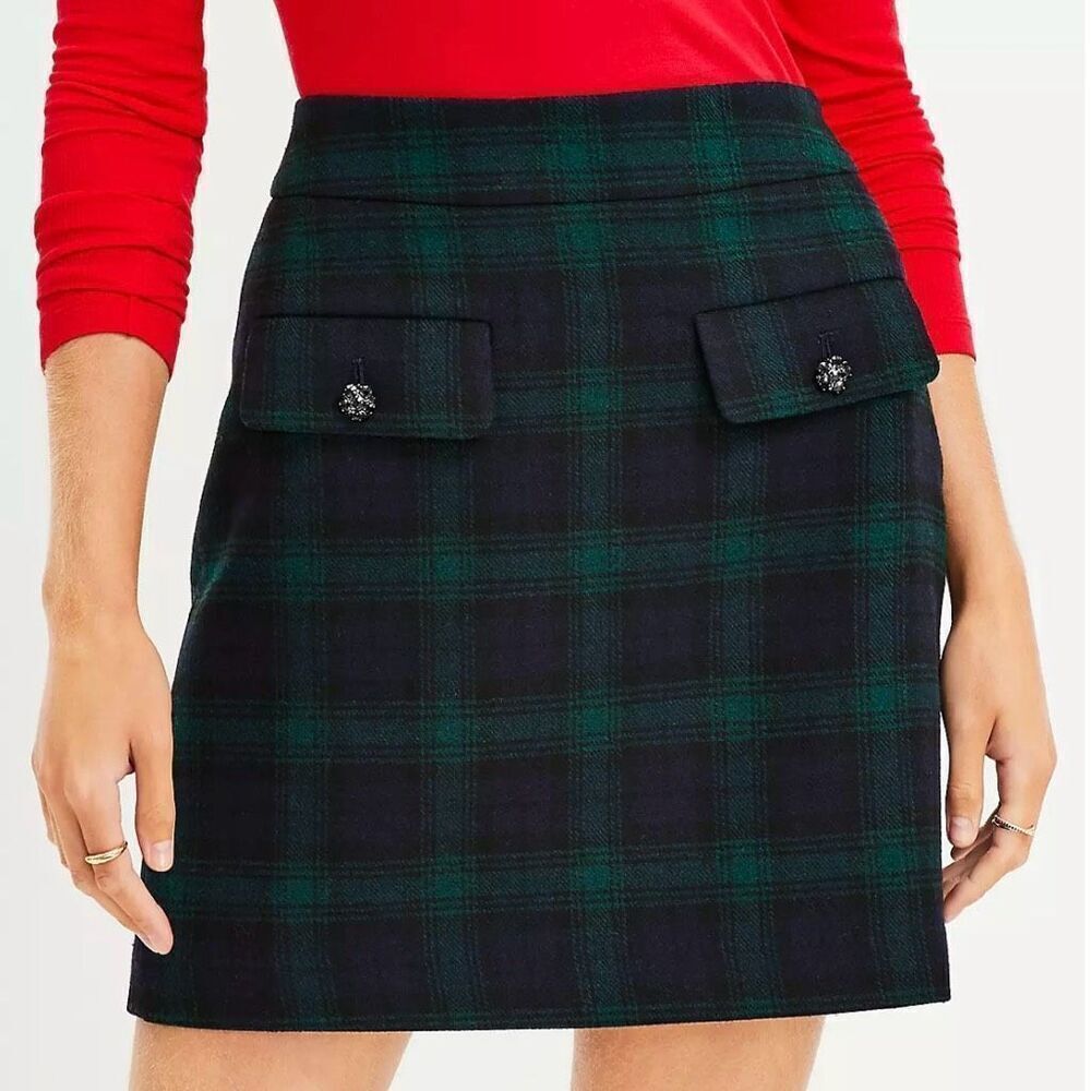 Loft Petite Plaid Button Trim Shift Skirt 10P Green Blue